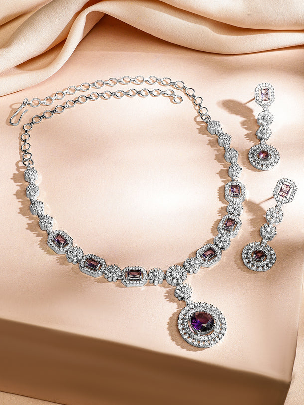 American Diamond Zirconia Purple Studded Necklace Set