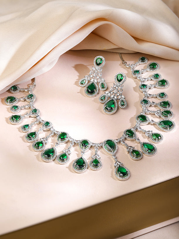 American Diamond Zirconia Green Chandelier Necklace Set