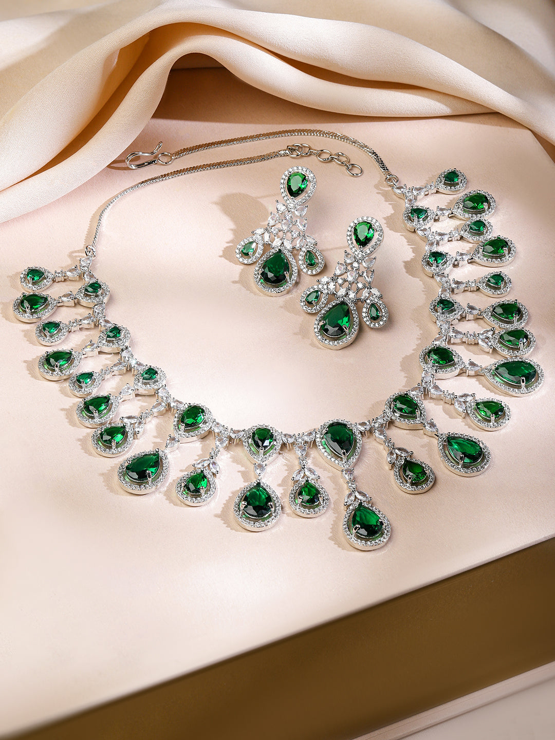 American Diamond Zirconia Green Chandelier Necklace Set