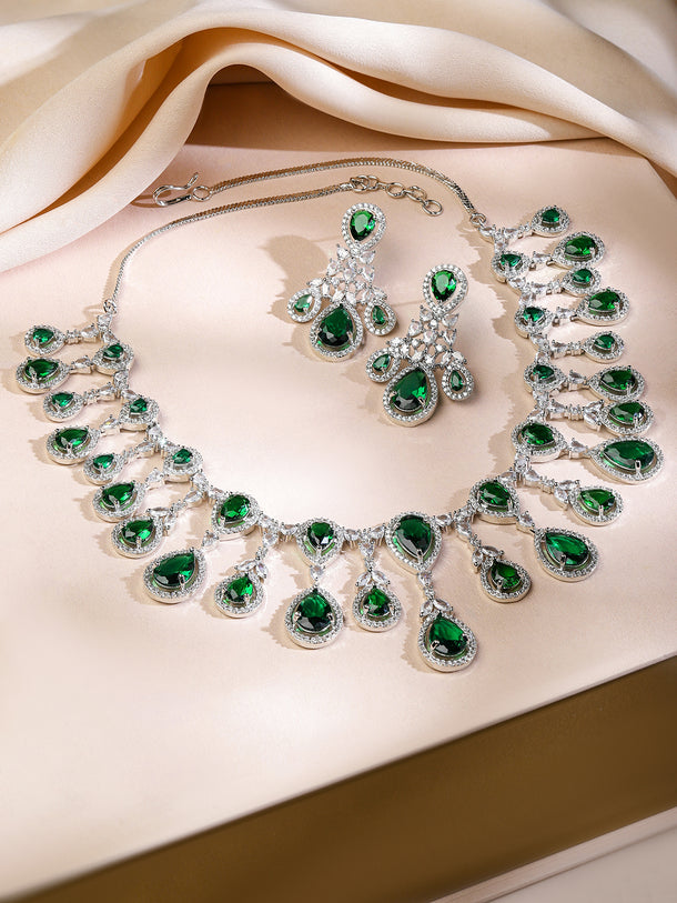 American Diamond Zirconia Green Chandelier Necklace Set