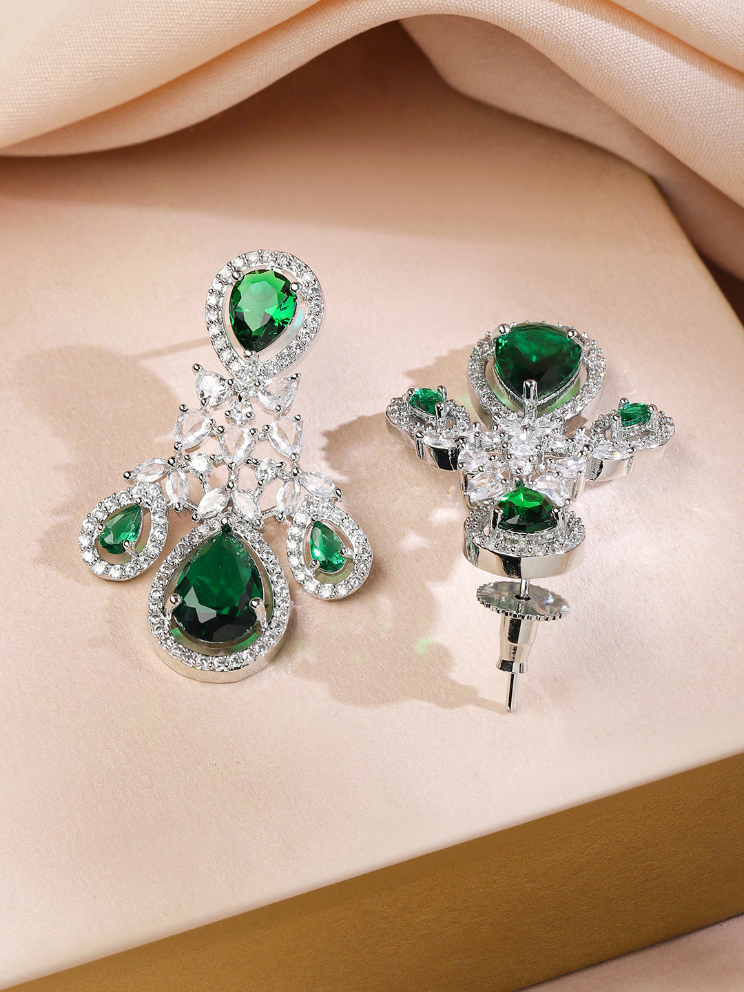 American Diamond Zirconia Green Chandelier Necklace Set