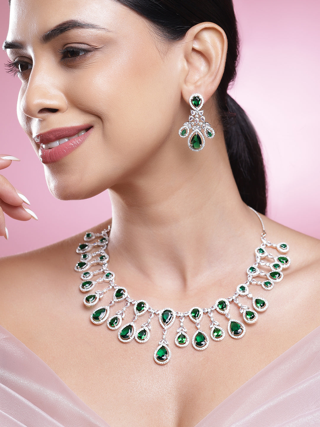 American Diamond Zirconia Green Chandelier Necklace Set