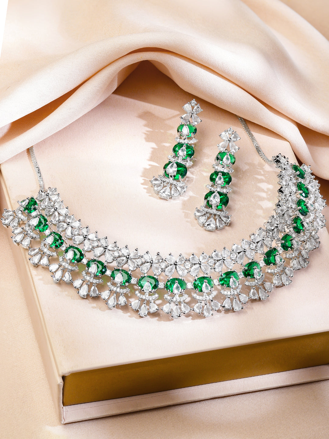 Green Beaded American Diamond Zirconia Floral Necklace Set