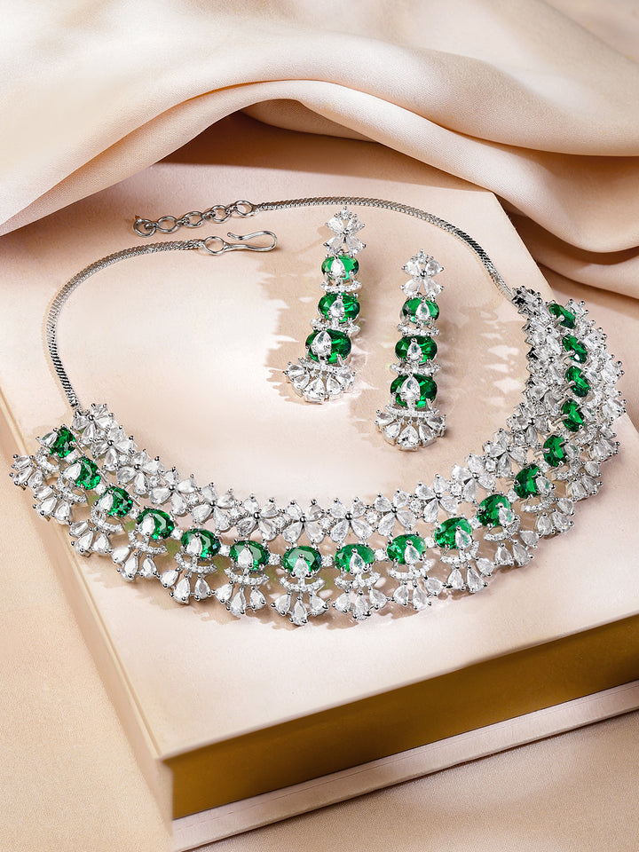 Green Beaded American Diamond Zirconia Floral Necklace Set