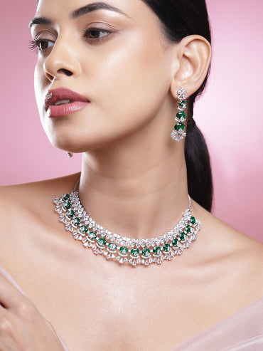Green Beaded American Diamond Zirconia Floral Necklace Set