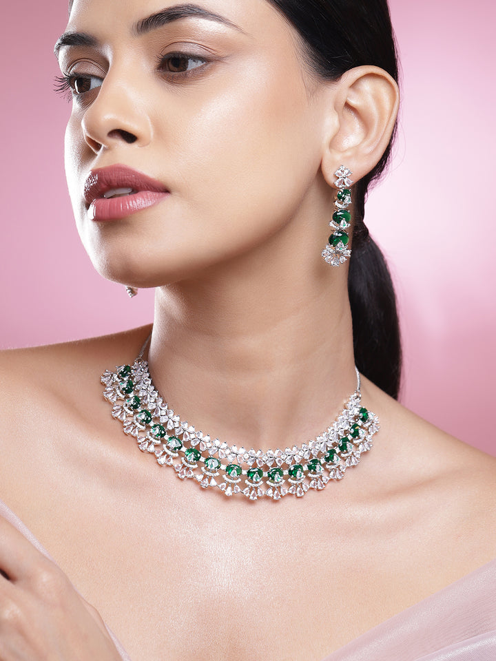 Green Beaded American Diamond Zirconia Floral Necklace Set