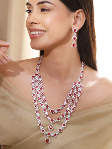 American Diamond Zirconia Layered Red Necklace Set