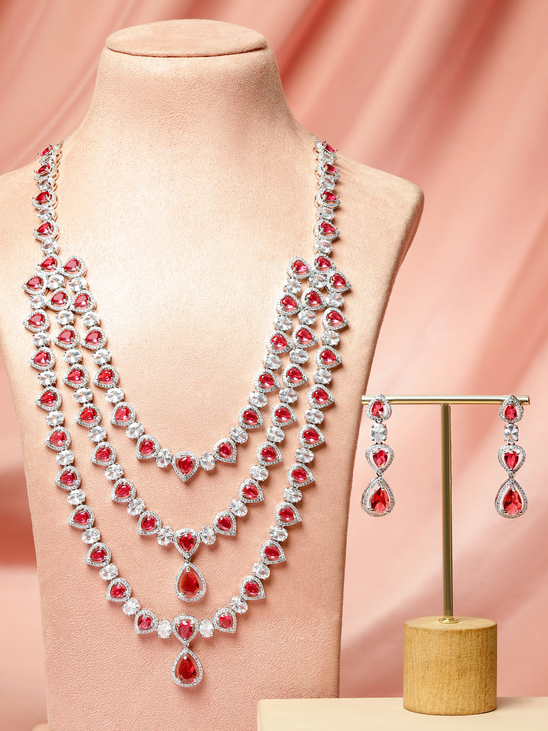 American Diamond Zirconia Layered Red Necklace Set