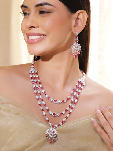 American Diamond Zirconia Red Layered Necklace Set