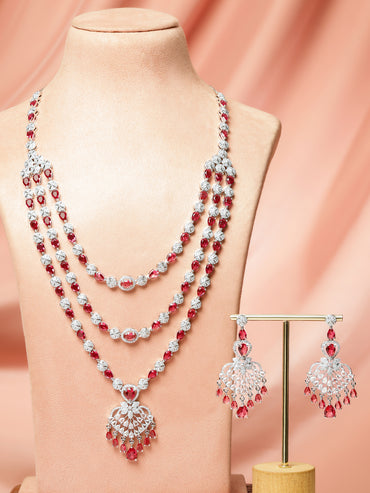 American Diamond Zirconia Red Layered Necklace Set
