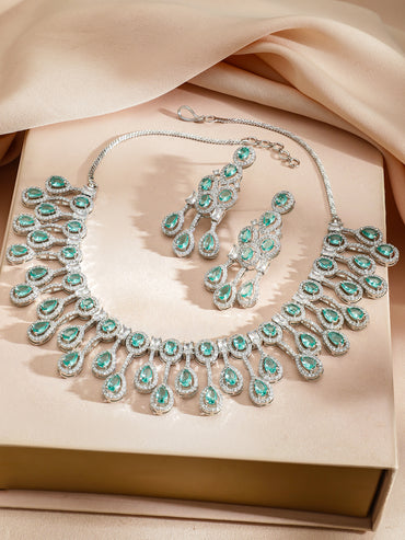 Green Studded American Diamond Zirconia Necklace Set