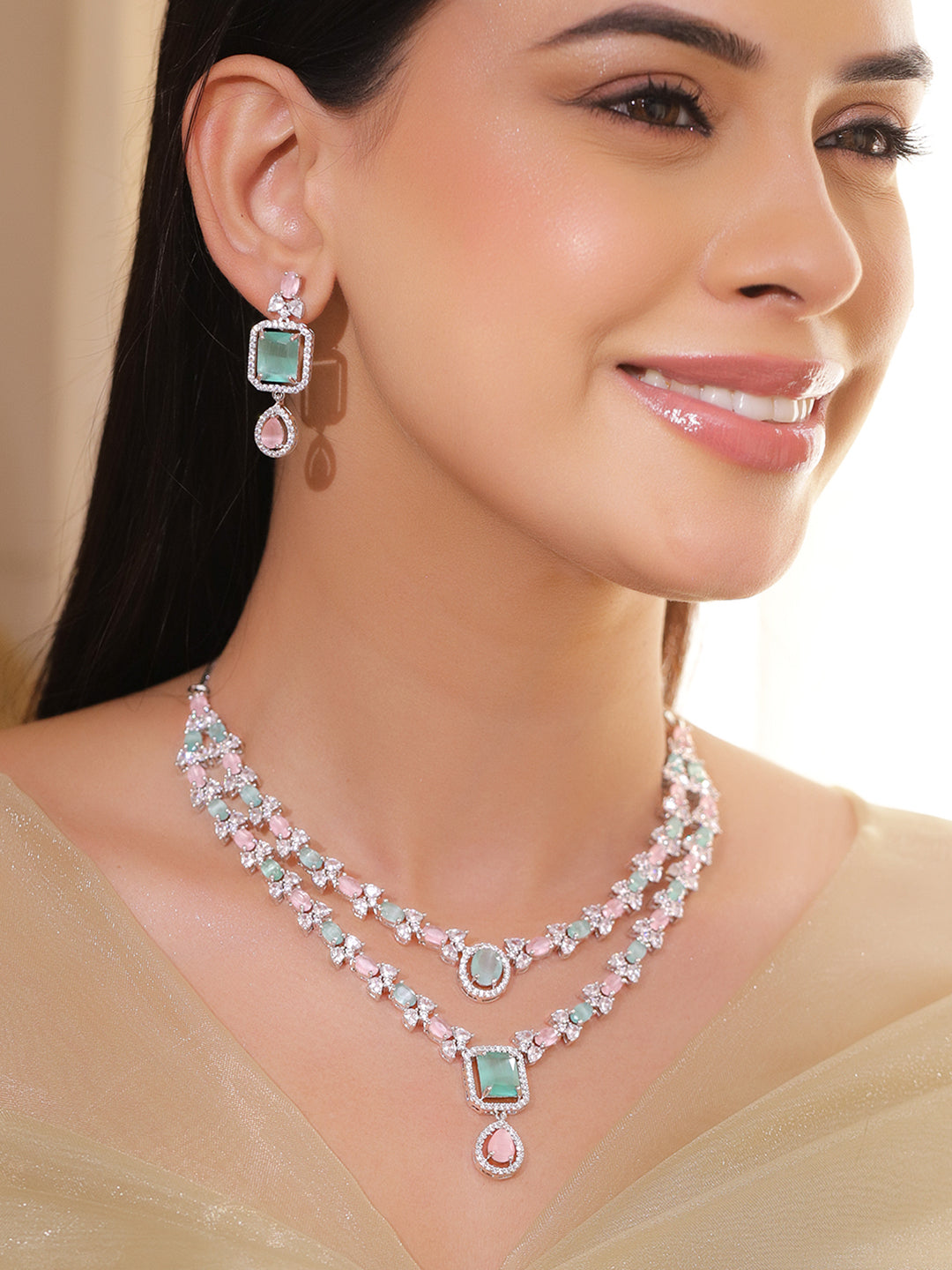 American Diamond Zirconia Pink & Green Necklaced Set