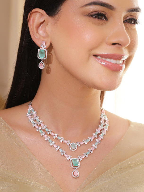 American Diamond Zirconia Pink & Green Necklaced Set
