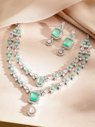 American Diamond Zirconia Pink & Green Necklaced Set