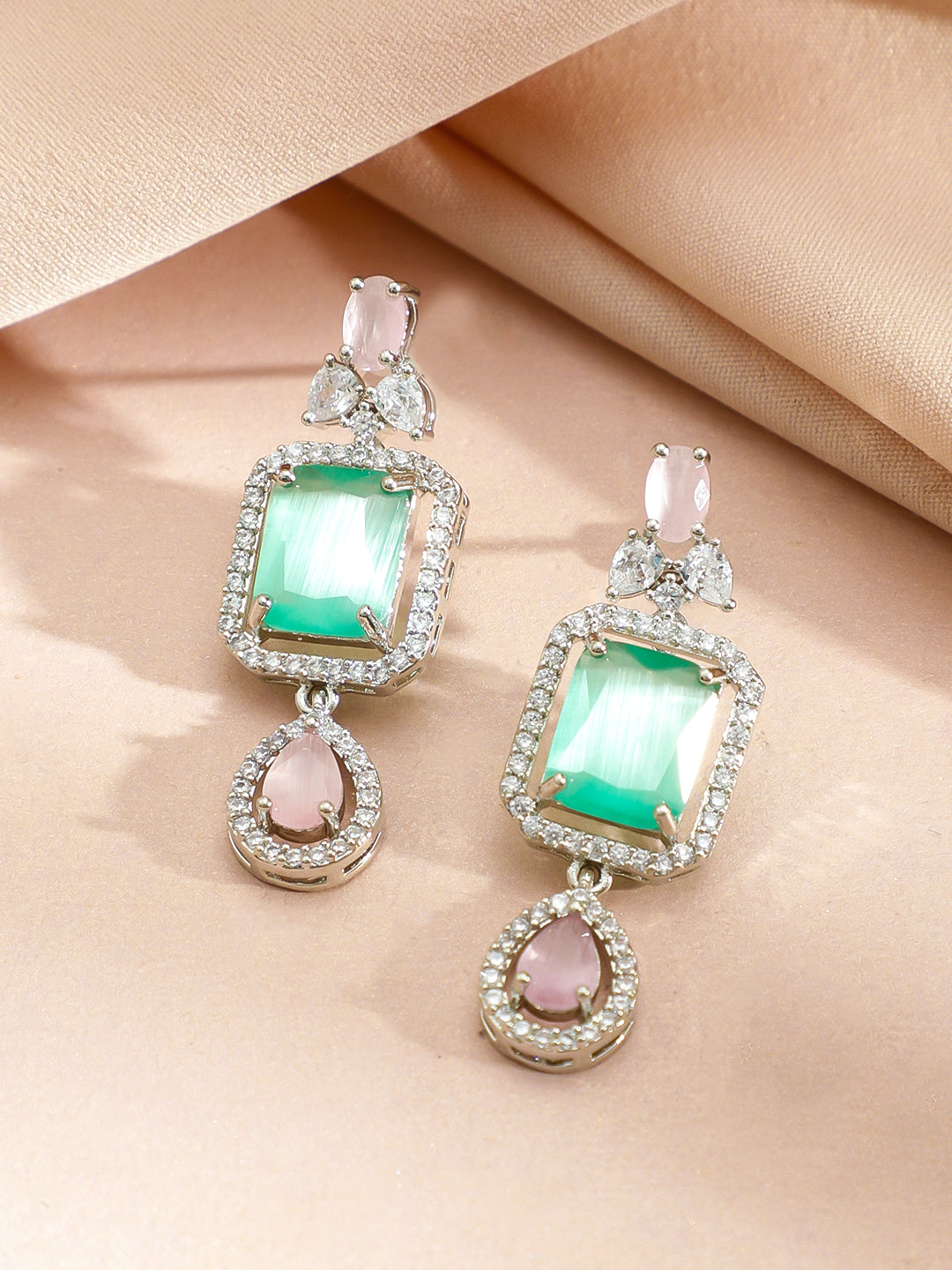 American Diamond Zirconia Pink & Green Necklaced Set