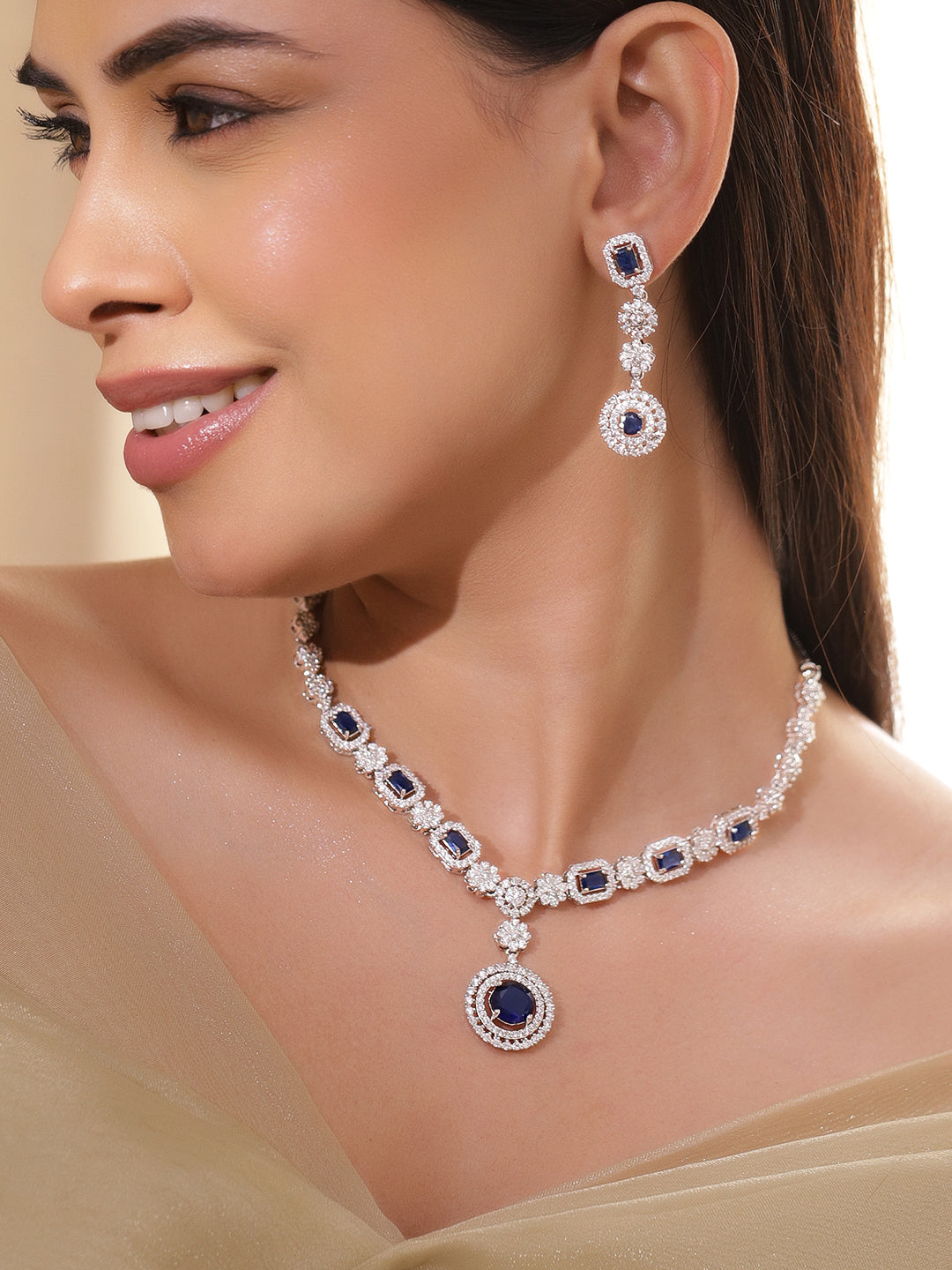 American Diamond Zirconia Floral Blue Necklace Set