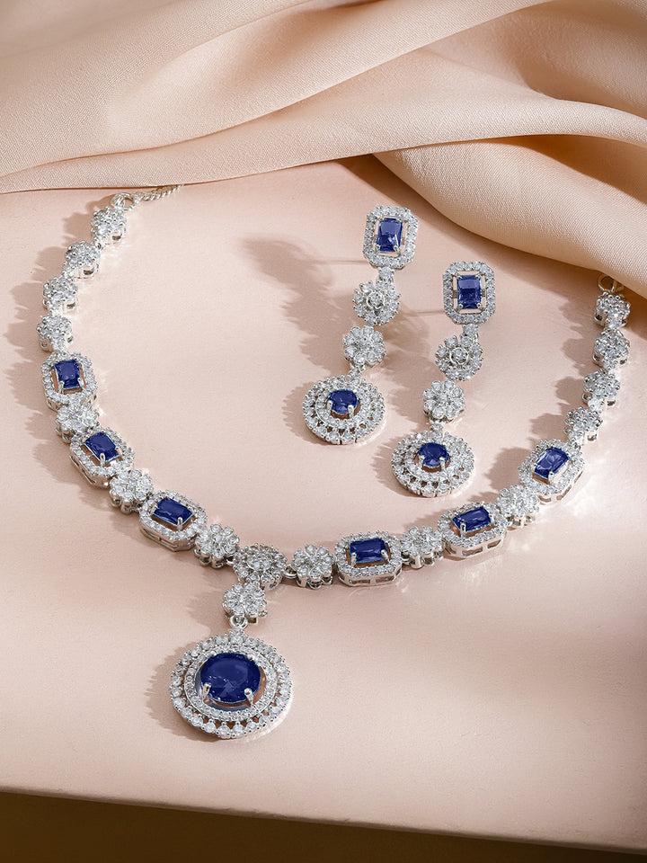 American Diamond Zirconia Floral Blue Necklace Set