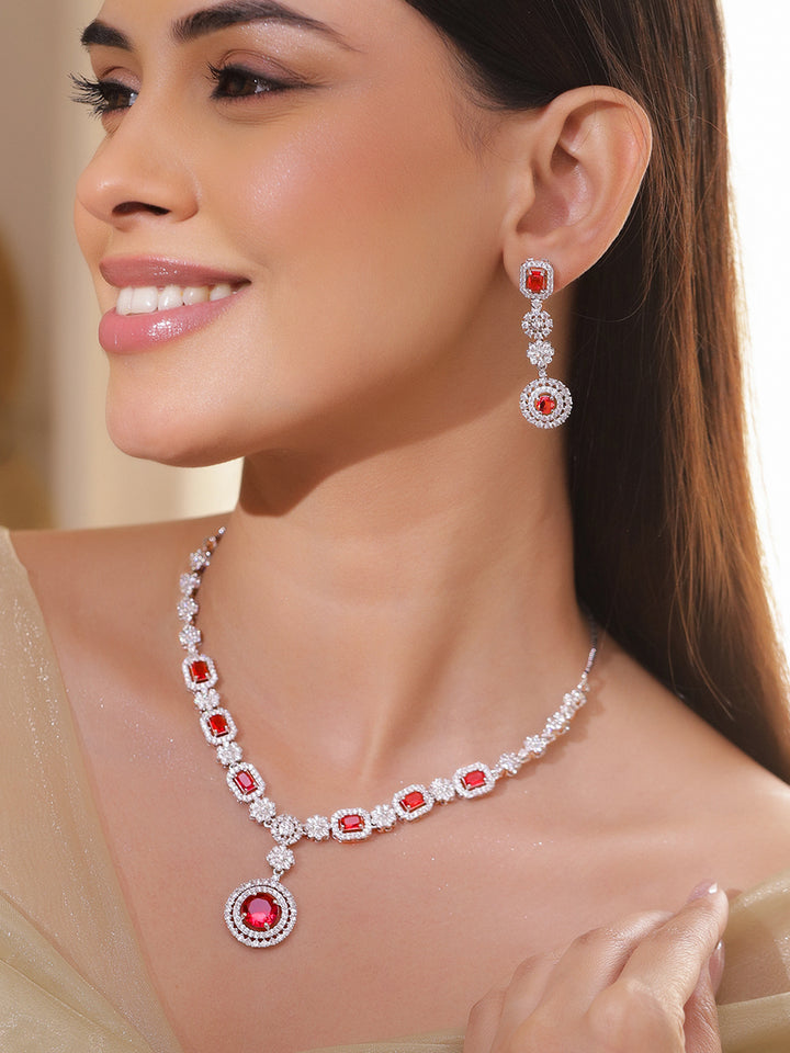 Red American Diamond Zirconia Floral Necklace Set