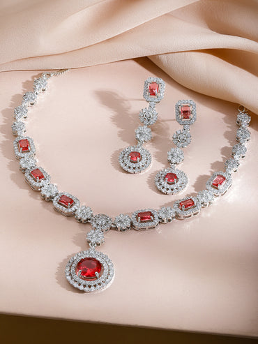 Red American Diamond Zirconia Floral Necklace Set