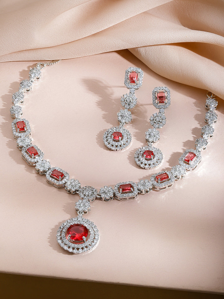 Red American Diamond Zirconia Floral Necklace Set