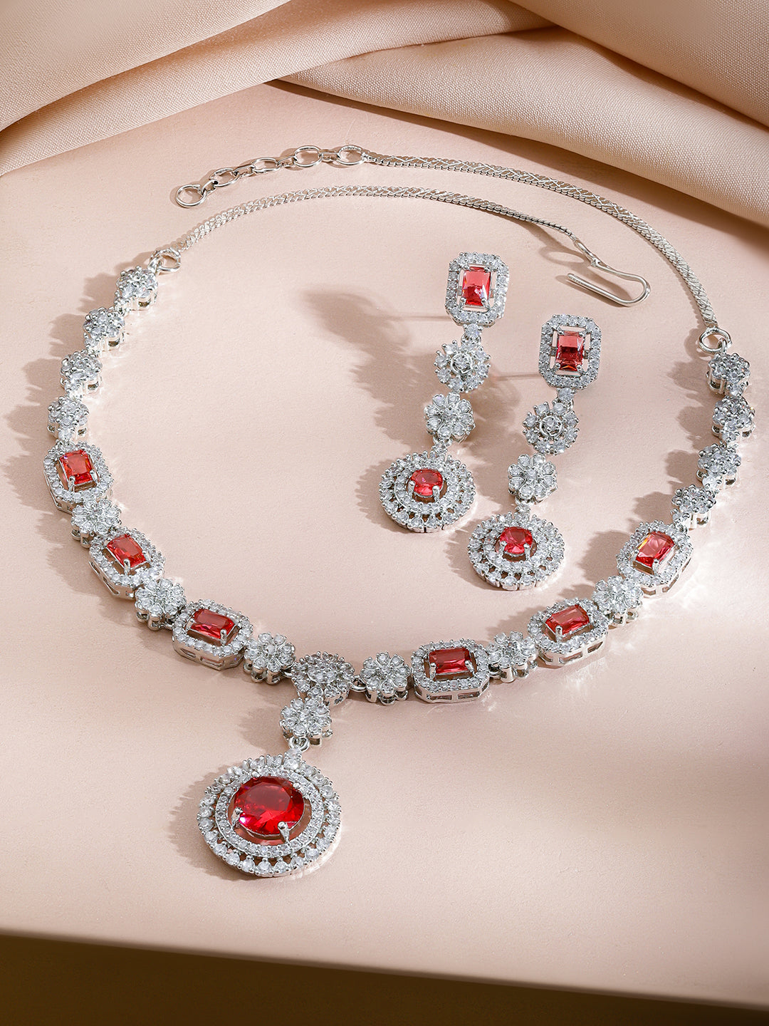 Red American Diamond Zirconia Floral Necklace Set