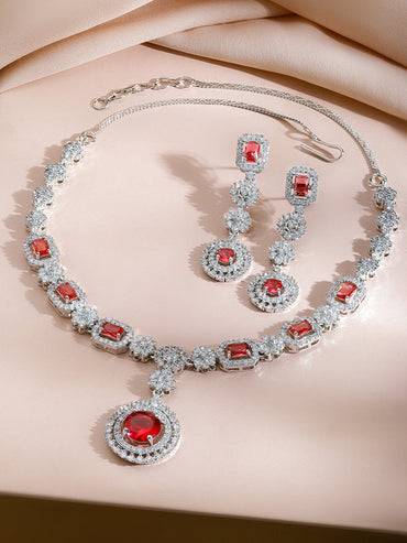 Red American Diamond Zirconia Floral Necklace Set