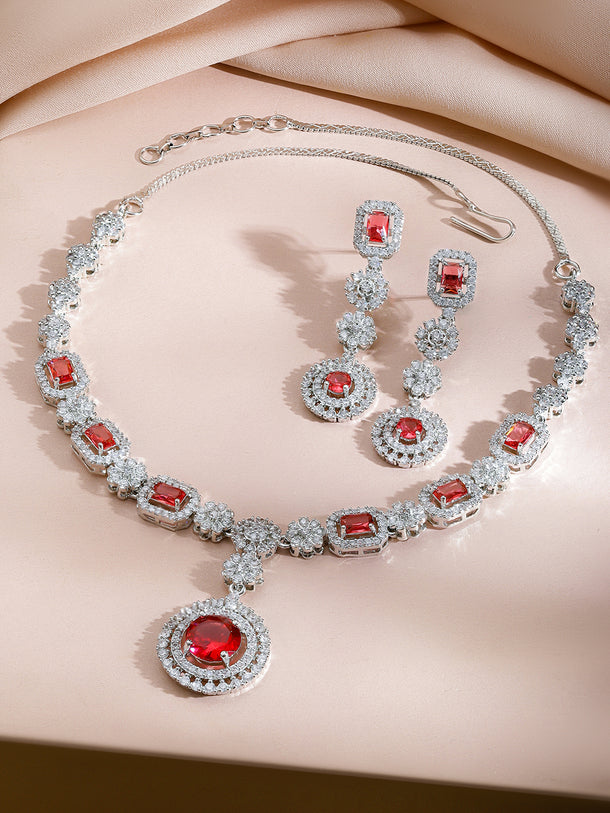 Red American Diamond Zirconia Floral Necklace Set