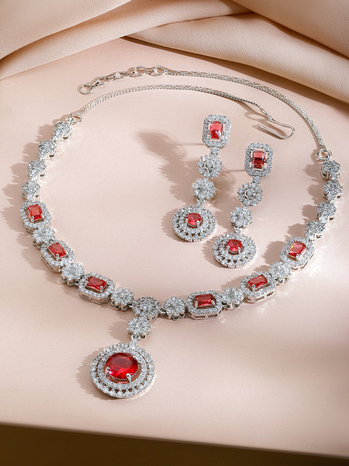 Red American Diamond Zirconia Floral Necklace Set