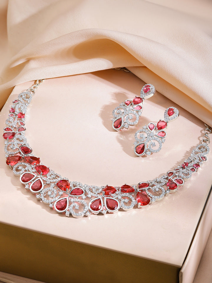 Red American Diamond Zirconia Swirl Necklace Set
