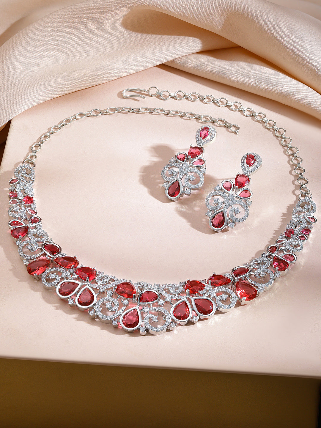Red American Diamond Zirconia Swirl Necklace Set