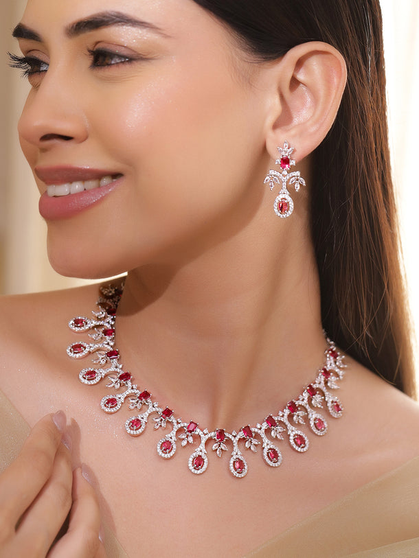 Studded American Diamond Zirconia Pink Necklace Set