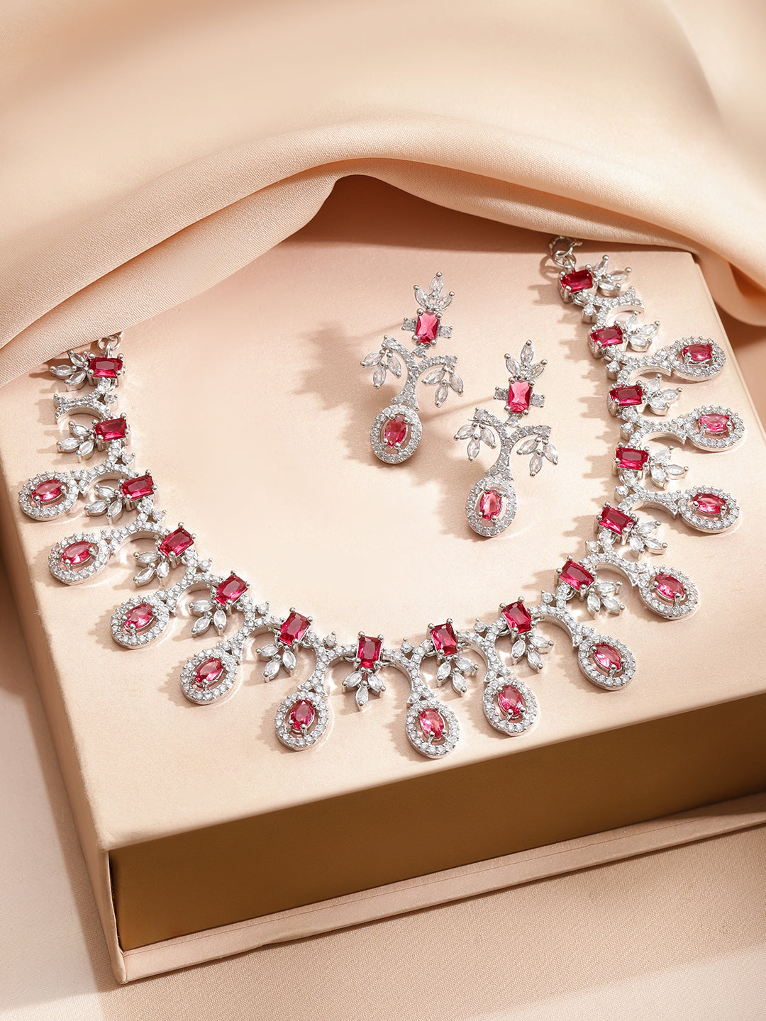 Studded American Diamond Zirconia Pink Necklace Set