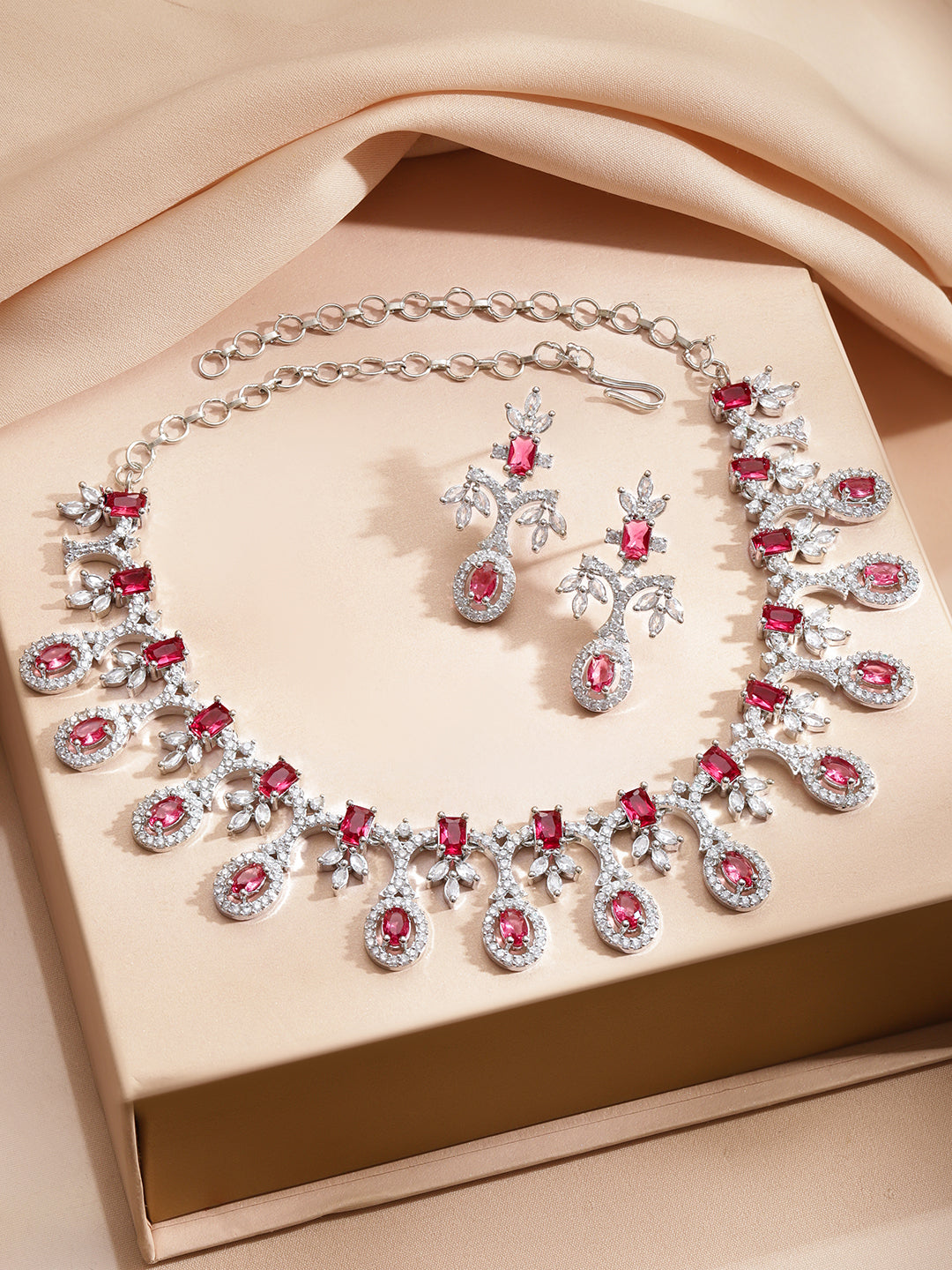 Studded American Diamond Zirconia Pink Necklace Set