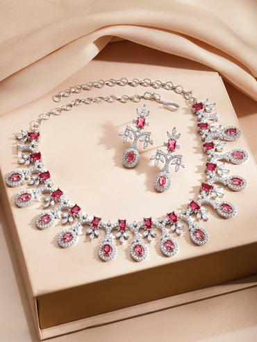 Studded American Diamond Zirconia Pink Necklace Set