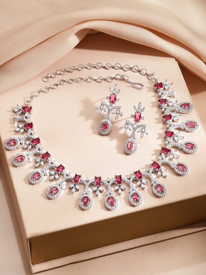 Studded American Diamond Zirconia Pink Necklace Set