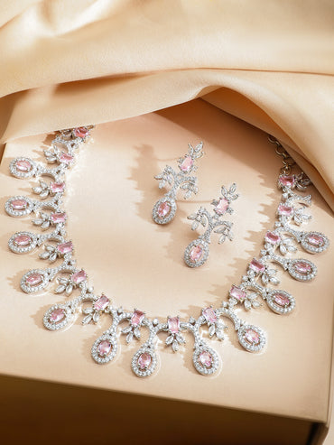 American Diamond Zirconia Teardrop Pink Necklace Set