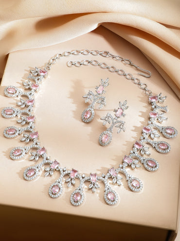 American Diamond Zirconia Teardrop Pink Necklace Set