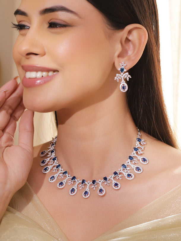 Blue Studded American Diamond Zirconia Necklace Set