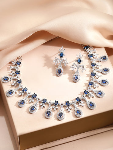 Blue Studded American Diamond Zirconia Necklace Set