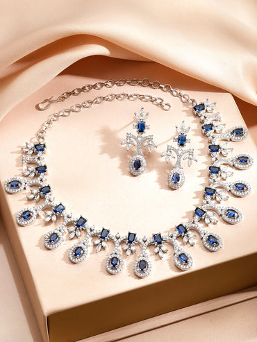 Blue Studded American Diamond Zirconia Necklace Set