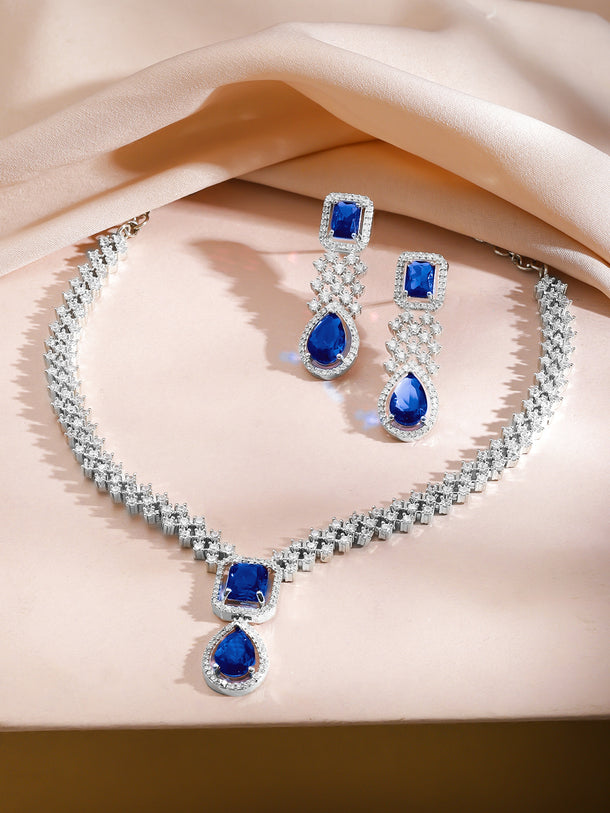 Blue Sapphire American Diamond Zirconia Necklace Set