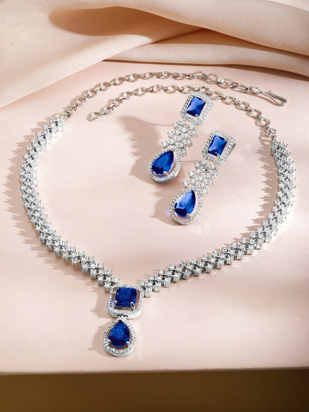 Blue Sapphire American Diamond Zirconia Necklace Set