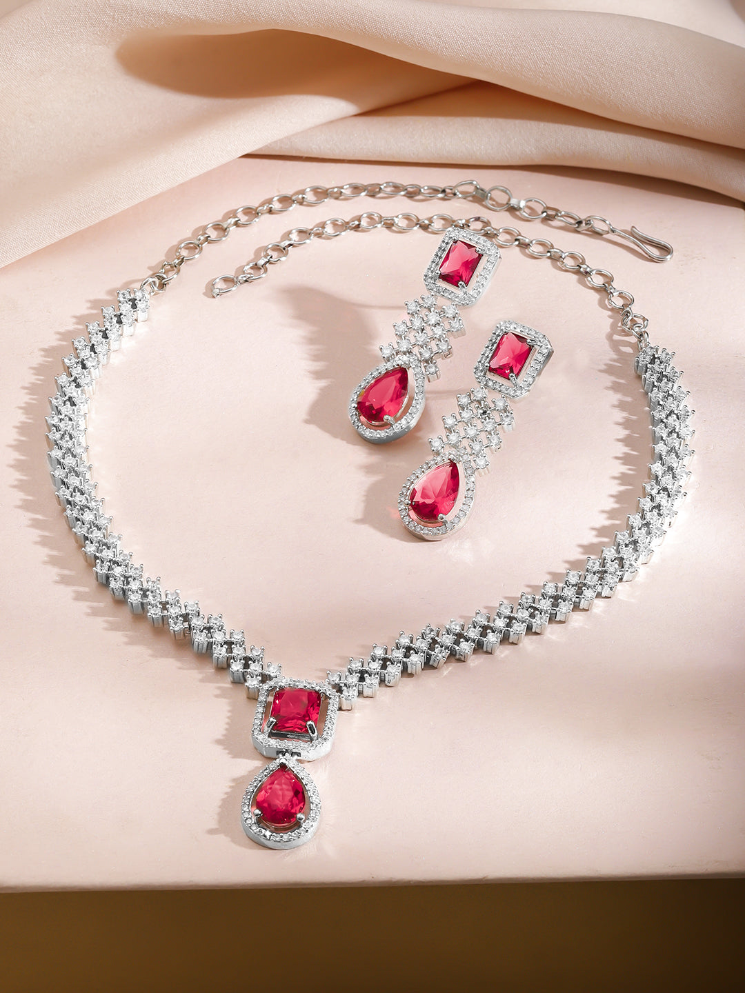 American Diamond Zirconia Ruby Accented Necklace Set