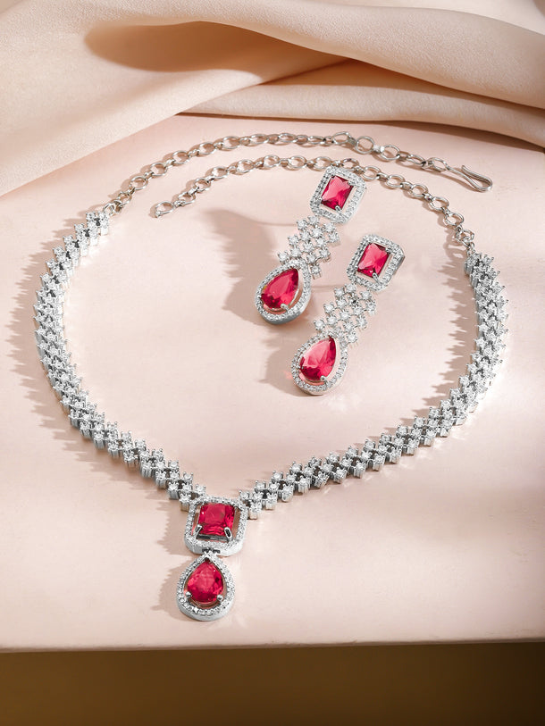 American Diamond Zirconia Ruby Accented Necklace Set