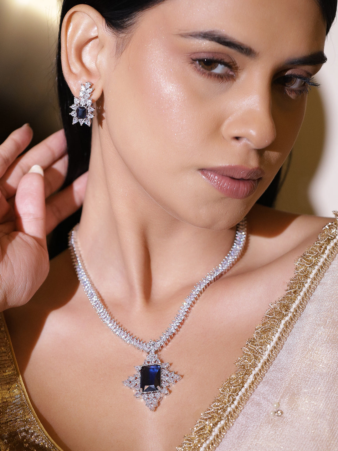 Blue American Diamond Zirconia Necklace Set