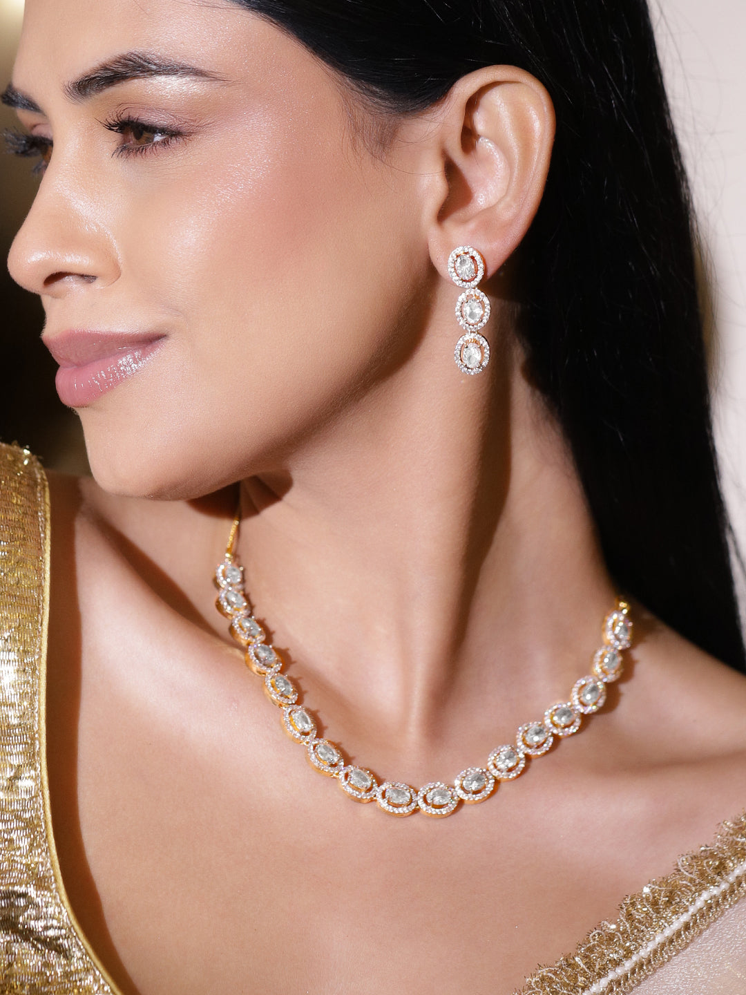 American Diamond Zirconia White Studded Necklace Set