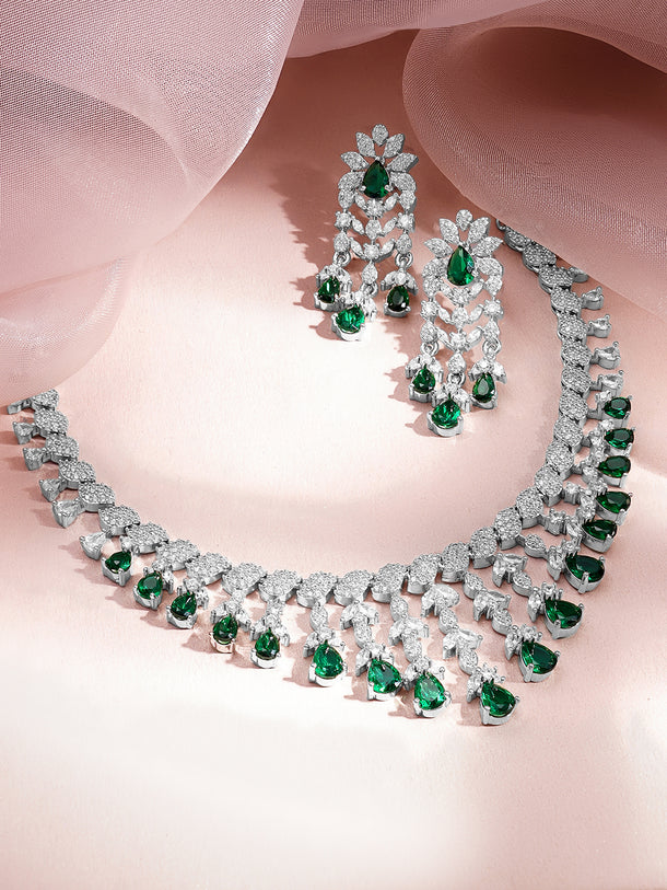 Green Teardrop American Diamond Zirconia Necklace Set
