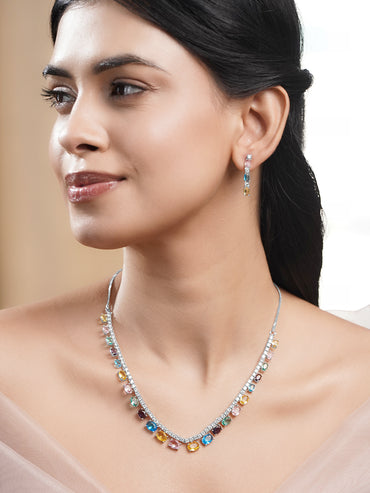 Rhodium Plated American Diamond Zirconia Multicolor Necklace Set