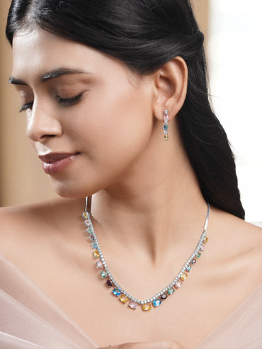 Rhodium Plated American Diamond Zirconia Multicolor Necklace Set