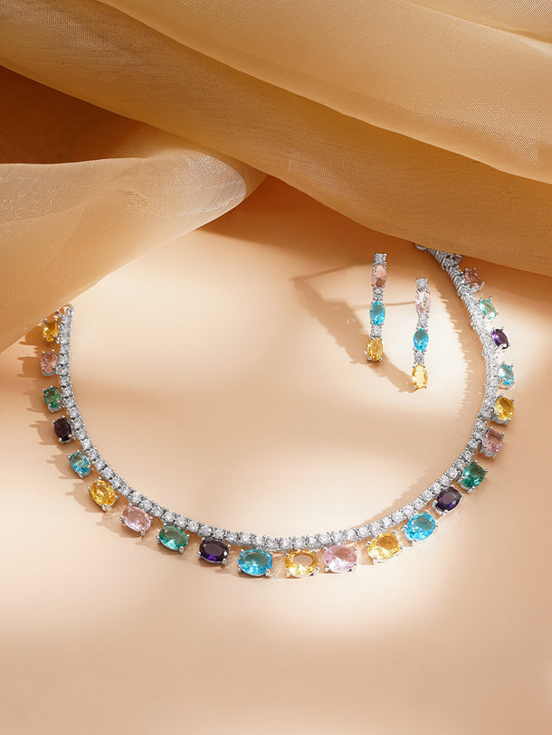 Rhodium Plated American Diamond Zirconia Multicolor Necklace Set